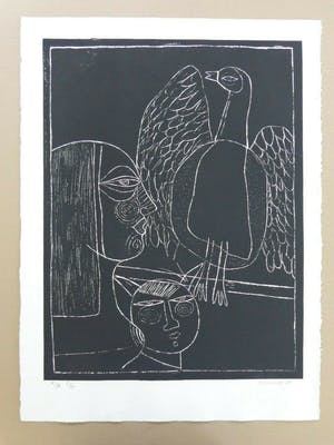Corneille - FEMME ET FAUNE FAMILIERE / ZW-W ETS / 76x56cm / SIG 1978 kopen? Bied vanaf 175!
