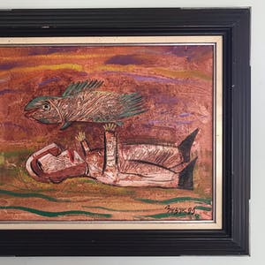 Roman Zuzuk - Typisch werk - 'Man met vis' - Gesigneerd - 1999 kopen? Bied vanaf 175!