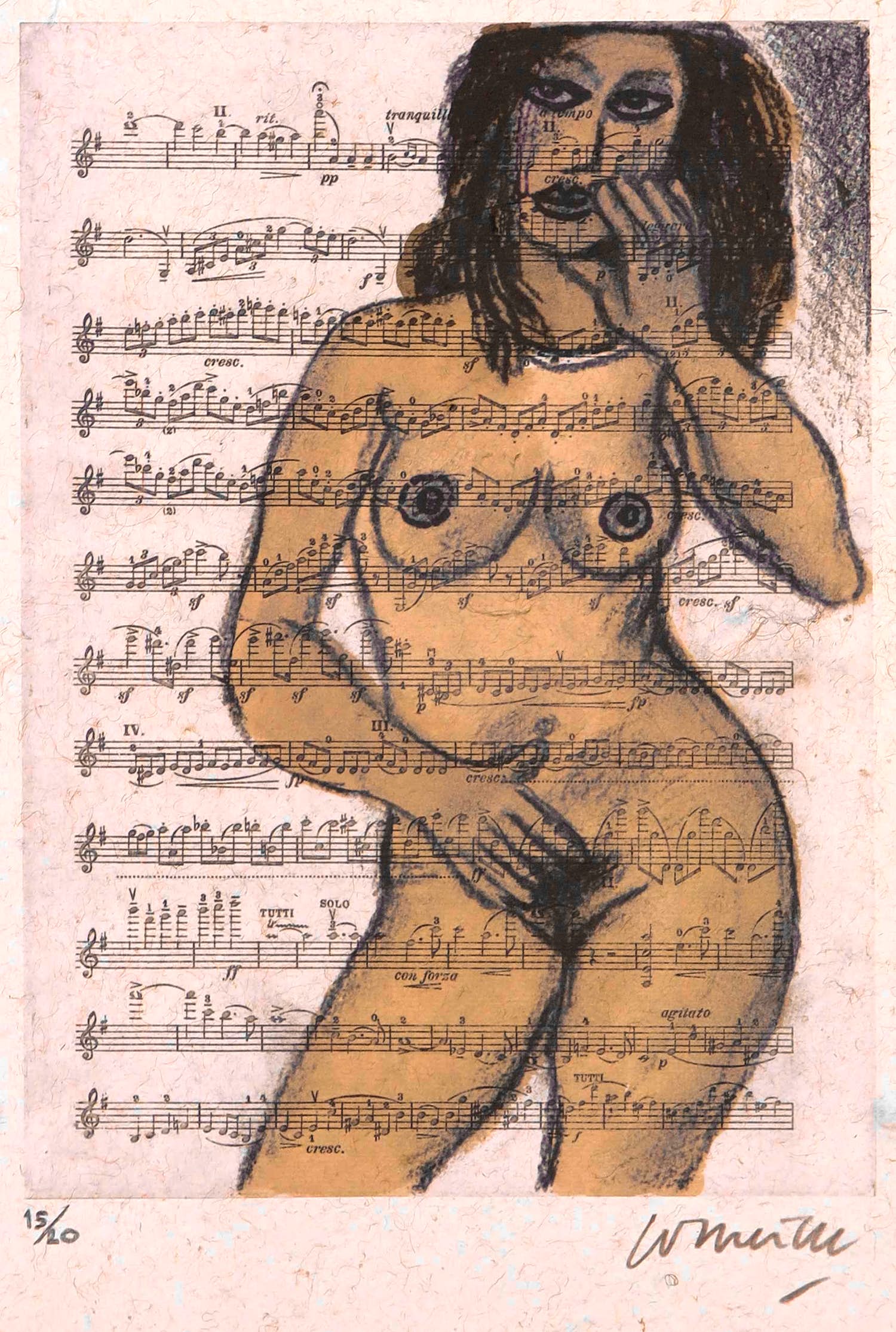 Corneille - Zeefdruk, "Naakt op muziekpapier" verkocht voor € 1!