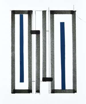 Siep van den Berg - # CONSTRUCTIVISTISCHE COMPOSITIE in pen en COLLAGE in blauw# 1990, mint verkocht voor € 45!