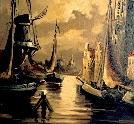 Niet of onleesbaar gesigneerd - Haarlem, Spaarne haven bij maanlicht - Gesigneerd:Vos (wie?) - Prachtige lijst! kopen? Bied vanaf 1!