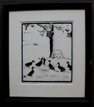 Jan Wittenberg - Ingelijste houtsnede: 'Eendjes in de sneeuw' kopen? Bied vanaf 125!