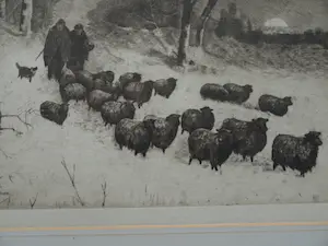 Sal Meijer - Ingelijste ets , Winterse wandeling met schapen in Laren (NH) kopen? Bied vanaf 60!