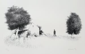 Metten Koornstra - Man met hoed in landschap, litho kopen? Bied vanaf 40!