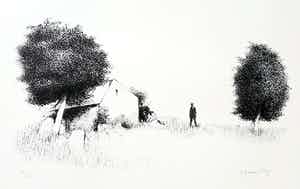 Metten Koornstra - Man met hoed in landschap, litho verkocht voor € 40!