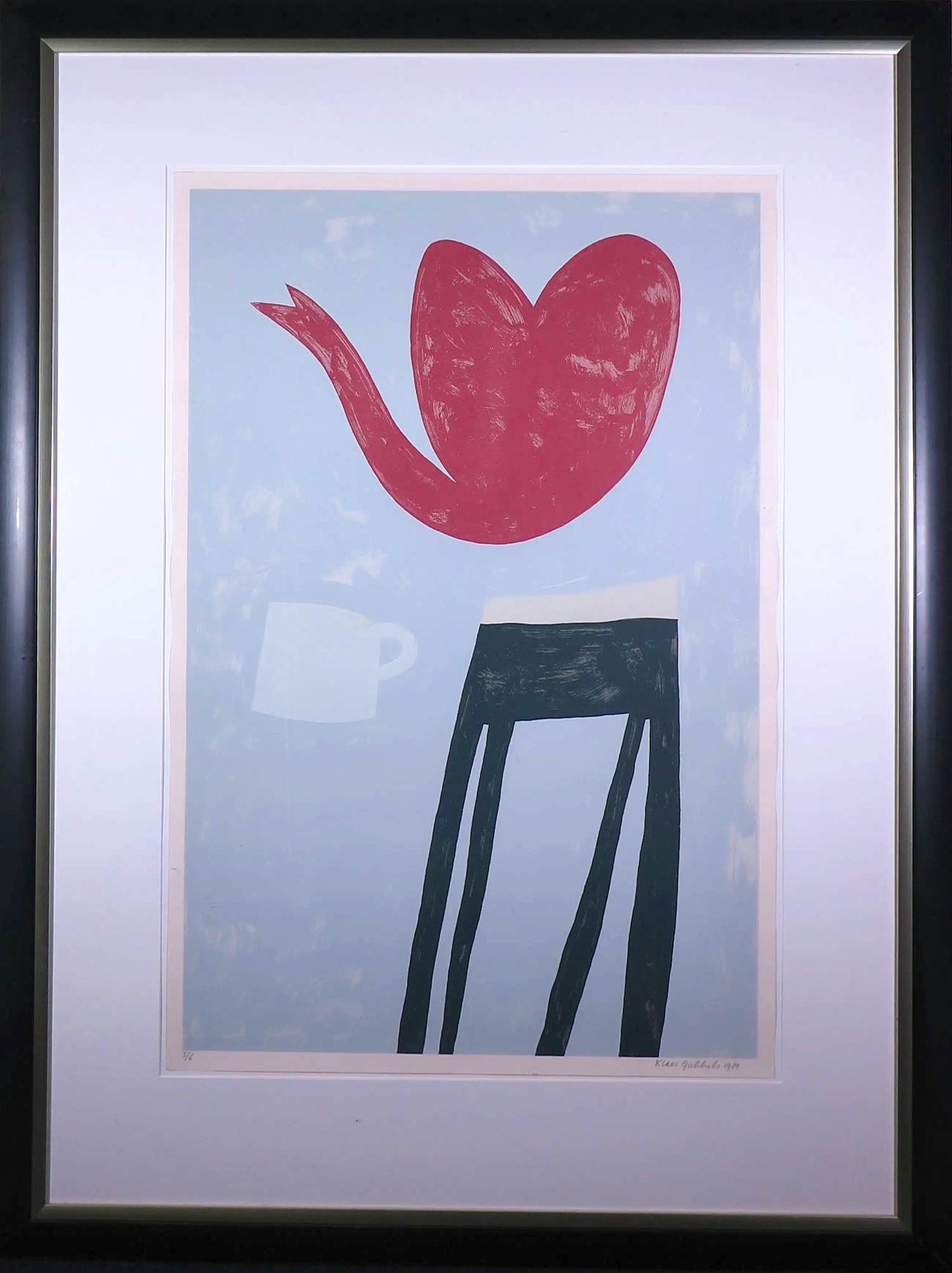 Klaas Gubbels - Zeer grote zeefdruk(!), Tafel met hartvormige kan - Ingelijst verkocht voor € 500!
