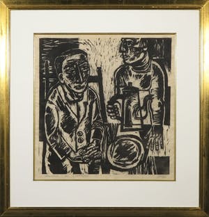 Nele van de Velde - Linosnede, Het ontbijt (Kirchner?) - Ingelijst kopen? Bied vanaf 500!