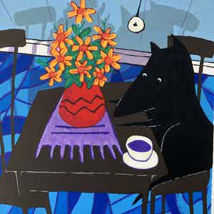 Peter Bastiaanssen - Dog with flowers and a cup verkocht voor € 85!