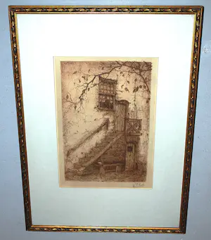 Anton Pieck - De Trap (Montfoort) 1916 - ets in bruin - een van de eerste afdrukken kopen? Bied vanaf 350!