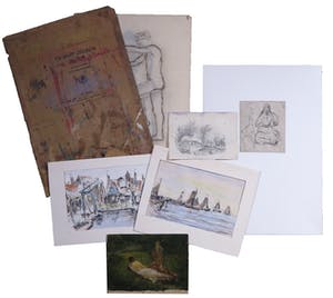 Niet of onleesbaar gesigneerd - Lot van 6 diverse werken, waaronder een schetsblok kopen? Bied vanaf 1!