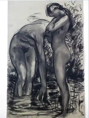 Willem van Dort - Twee badende vrouwen - Tekening/houtskool verkauft für € 50!