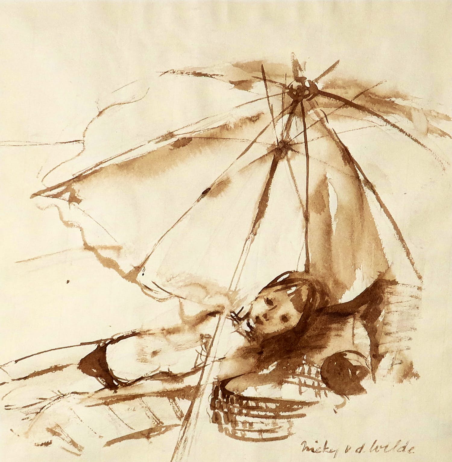 Nicky van der Wilde - Inkttekening, Strand kopen? Bied vanaf 1!
