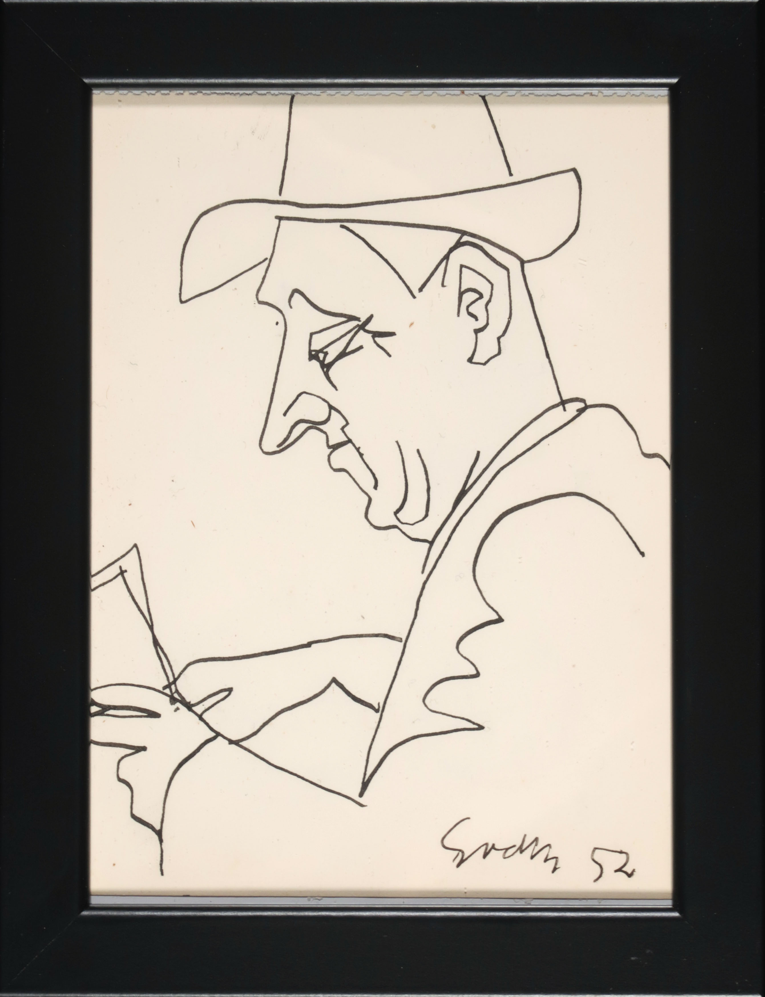 Siep van den Berg - Inkttekening, Lezende man met hoed - Ingelijst verkocht voor € 75!