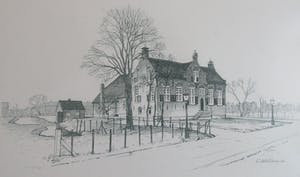 Gerrit Neven - Pentekening boerderij 'Tusschen Laenen' in Bergambacht deel 3 uit serie van 3 kopen? Bied vanaf 25!