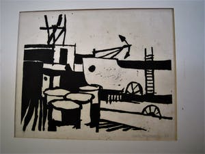 Hans Bernard - protege Klaas Drupsteen- gesigneerde Linosnede "Haven scheepswerf" 1963 kopen? Bied vanaf 10!