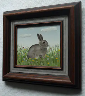 Mieke Hoogendorp - Naïeve schilderkunst , Ingelijst schilderijtje, Konijntje – 1984 kopen? Bied vanaf 40!