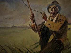 Niet of onleesbaar gesigneerd - Grote ca. 1930 geschilderde Gouache "Visser in polderlandschap" gesigneerd kopen? Bied vanaf 10!