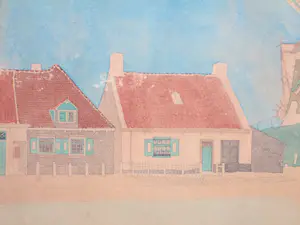 Niet of onleesbaar gesigneerd - Molen en woningen Zoutelande? - Gemengde techniek kopen? Bied vanaf 1!