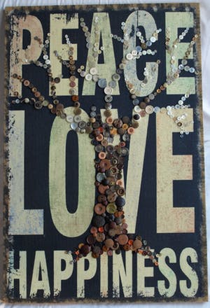 Niet of onleesbaar gesigneerd - Gemengde techniek, “Peace, Love, Happiness” kopen? Bied vanaf 1!