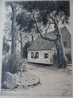 Jan pannekeet - Tekening van een weg met bomen en een woning. kopen? Bied vanaf 10!