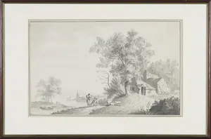 Niet of onleesbaar gesigneerd - Lot van twee inkttekeningen, Landschap met figuren kopen? Bied vanaf 1!