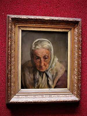 Niet of onleesbaar gesigneerd - Antiek 19e Eeuws olieverf portret van oudere Dame - met monogram verkocht voor € 10!