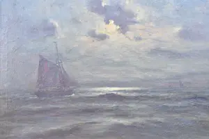 Buy Romain Steppe - Vissersboot onder zeil varend bij maanlicht dicht bij het strand? Bid from 180!