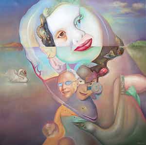 Johannes Garst - Surrealistisch tafereel, olieverf op doek (ingelijst, groot) verkocht voor € 1!