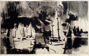 Leo Poelmeijer - Haven met zeilboten - unieke droge naald ets verkocht voor € 50!