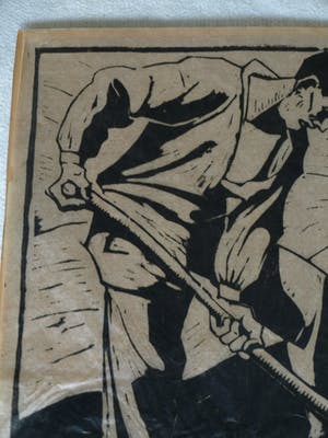 Marinus Vreugde - Houtsnede , Boer met schop – gesigneerd – ca. 1920 kopen? Bied vanaf 1!