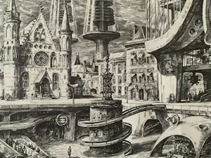 Jakop Slegt - Jakop Slegt - off-set print uit 1965 - Surrealistisch Futuristische Stad kopen? Bied vanaf 70!