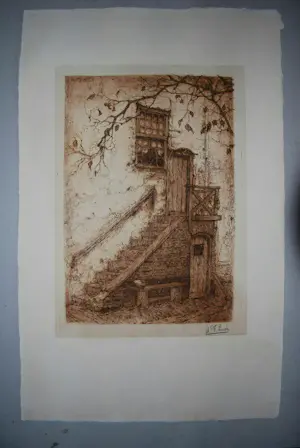 Anton Pieck - De Trap (Montfoort) 1916 - ets in bruin - een van de eerste afdrukken kopen? Bied vanaf 350!