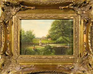 Niet of onleesbaar gesigneerd - Olieverf op paneel, Landschap met figuren verkocht voor € 1!