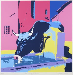 Marco Kooiman - Zeefdruk, Cow drinking at fountain - Ingelijst kopen? Bied vanaf 50!