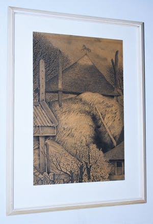 Henk Albers - De hooischelf - grote ingelijste potloodtekening kopen? Bied vanaf 35!