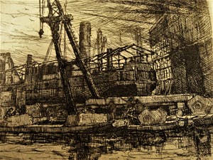 Pieter Hofman - Grafisch meesterwerkje "Dok met schip in aanbouw haven Rotterdam " gesigneerd kopen? Bied vanaf 20!