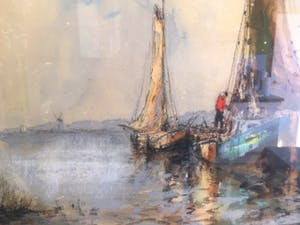 Willem Bos - Poldergezicht met boten - aquarel, houtskool en krijt kopen? Bied vanaf 1!