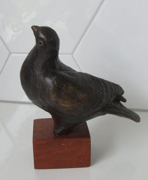 Niet of onleesbaar gesigneerd - Plastiek van een bronzen Duif op teakhouten sokkel kopen? Bied vanaf 10!