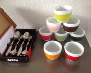 Alessi - Vier Alessi-lepels in doos en acht Koziol espressokopjes verkocht voor € 22!