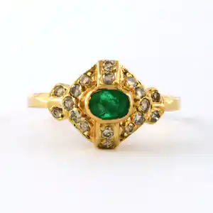 18k gouden ring bezet met smaragd en briljant geslepen diamant tot. 0.18ct verkocht voor € 220!