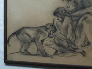 Tini van Doornik - Ingelijste houtskooltekening , Drie apen – 1930 – Lijst, 41½ x 57½ cm. kopen? Bied vanaf 100!