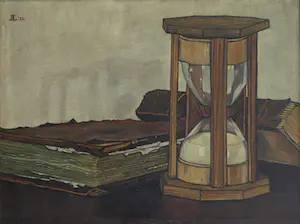 Jo Lodeizen - Olieverf op paneel, Stilleven met boeken en zandloper – 1931 kopen? Bied vanaf 1!
