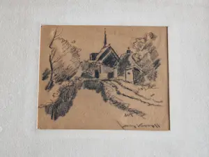 Joop Kropff - circa 1940 - houtskooltekening Kerkje Schoorl - in originele lijst - gesigneerd kopen? Bied vanaf 52!