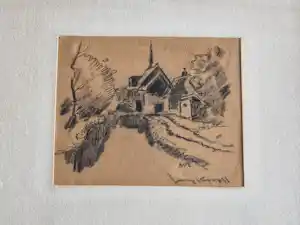 AcheterJoop Kropff - circa 1940 - houtskooltekening Kerkje Schoorl - in originele lijst - gesigneerd? Enchérissez de 41!