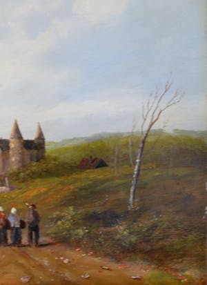 Niet of onleesbaar gesigneerd - Een glooiend landschap met figuren op een zandpad, boerderijen en een kasteel kopen? Bied vanaf 1!