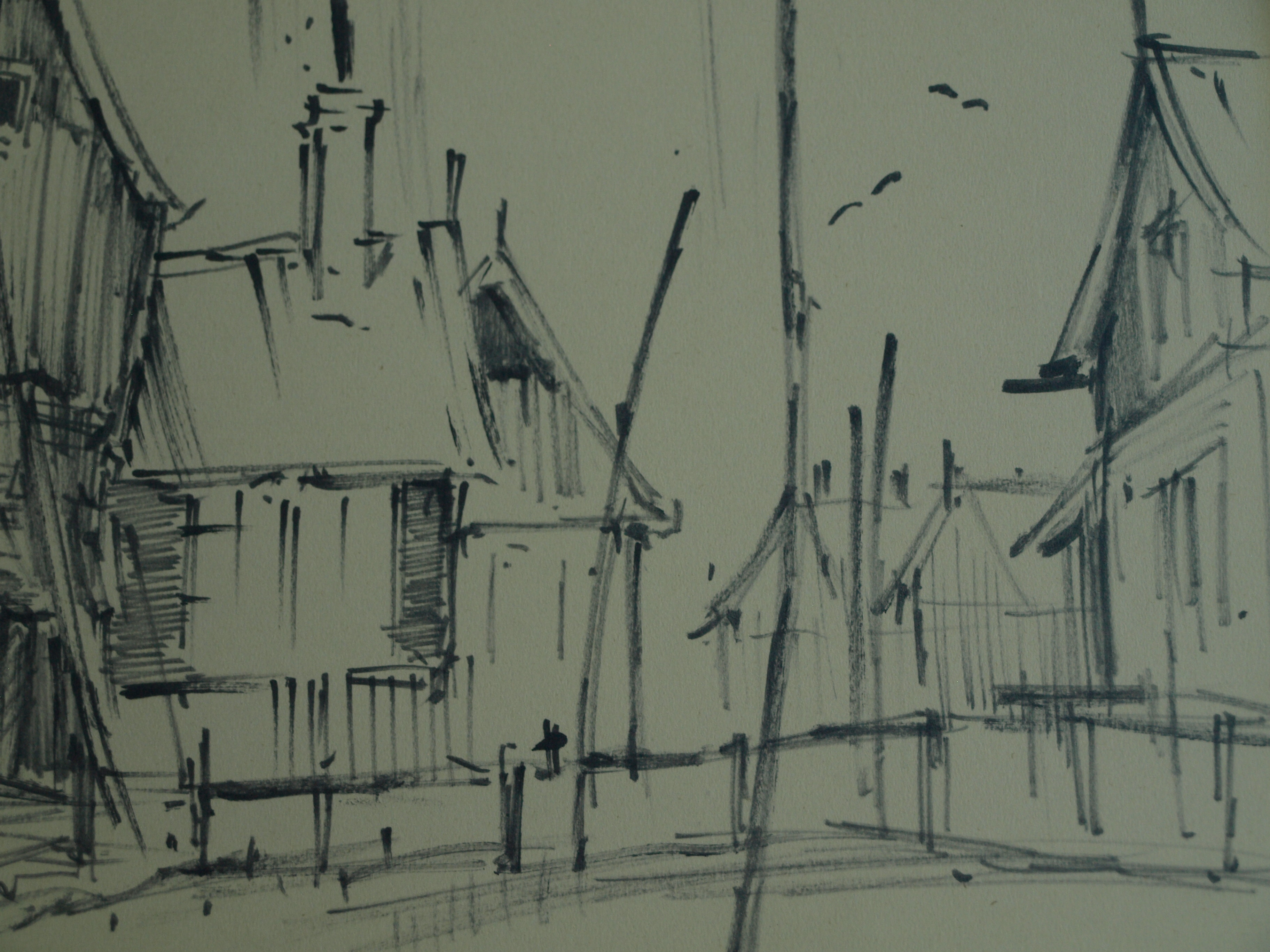 Niet of onleesbaar gesigneerd - Tekening , Dorpje – gesigneerd & ingelijst – ca 1964  kopen? Bied vanaf 1!