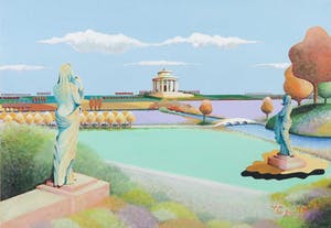 Niet of onleesbaar gesigneerd - Gouache op papier, Landschap met tempel en klassieke beelden - Ingelijst kopen? Bied vanaf 1!