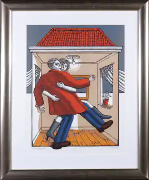 Sven Hoekstra - Linosnede, Voor het huis - Ingelijst verkocht voor € 60!