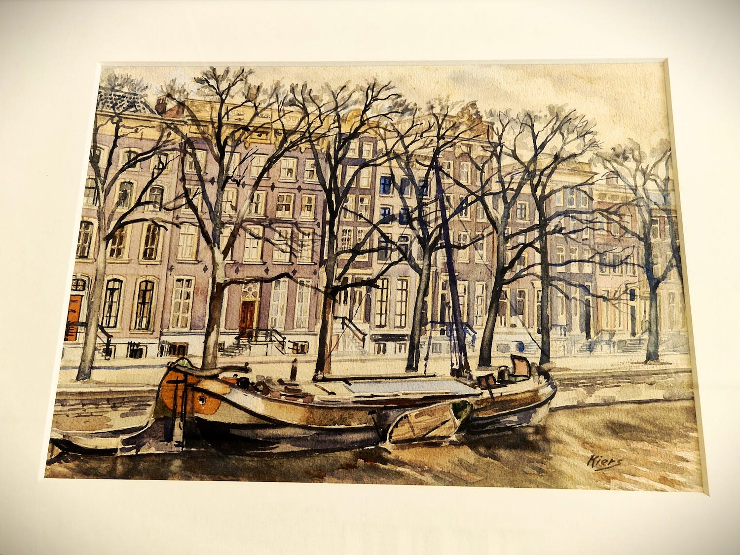 George Lourens Kiers - Sfeervol aquarel "boot aan de gracht" + 2 tekeningen Dordrecht en de Lek verkocht voor € 79!