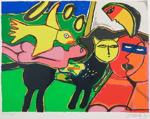 Corneille - Litho, Femme orange et l'oiseau jaune verkocht voor € 100!